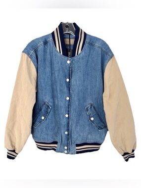 Free People X Blank NYC Crash Course Denim Khaki Varsity Bomber Jacket Size Sm